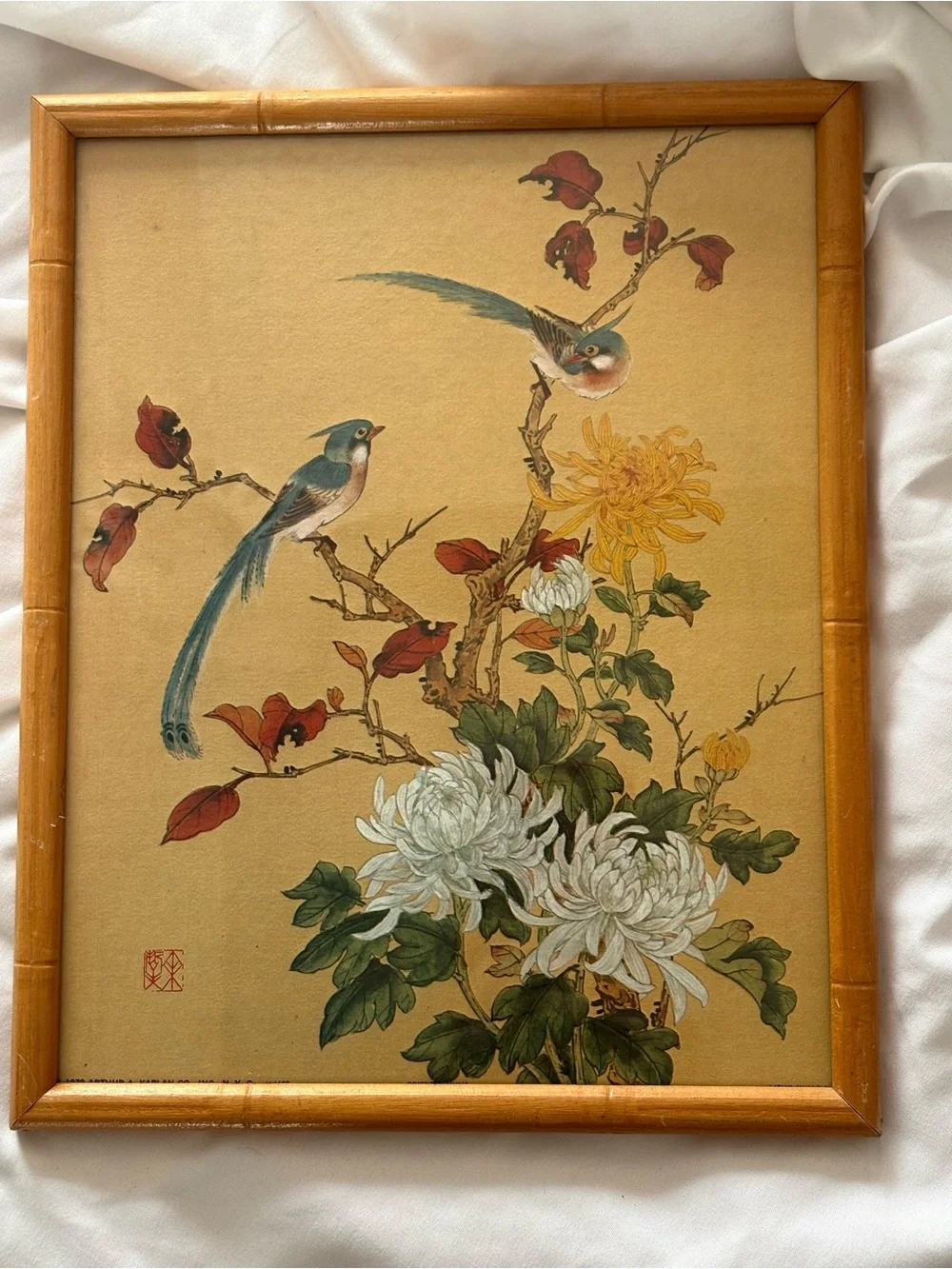 Vintage oriental Asian bird artwork print in bamboo wood frame home decor wall
